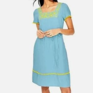 Boden Bernadette Embroidered Dress Heron Blue Yellow Square Neck Size 6